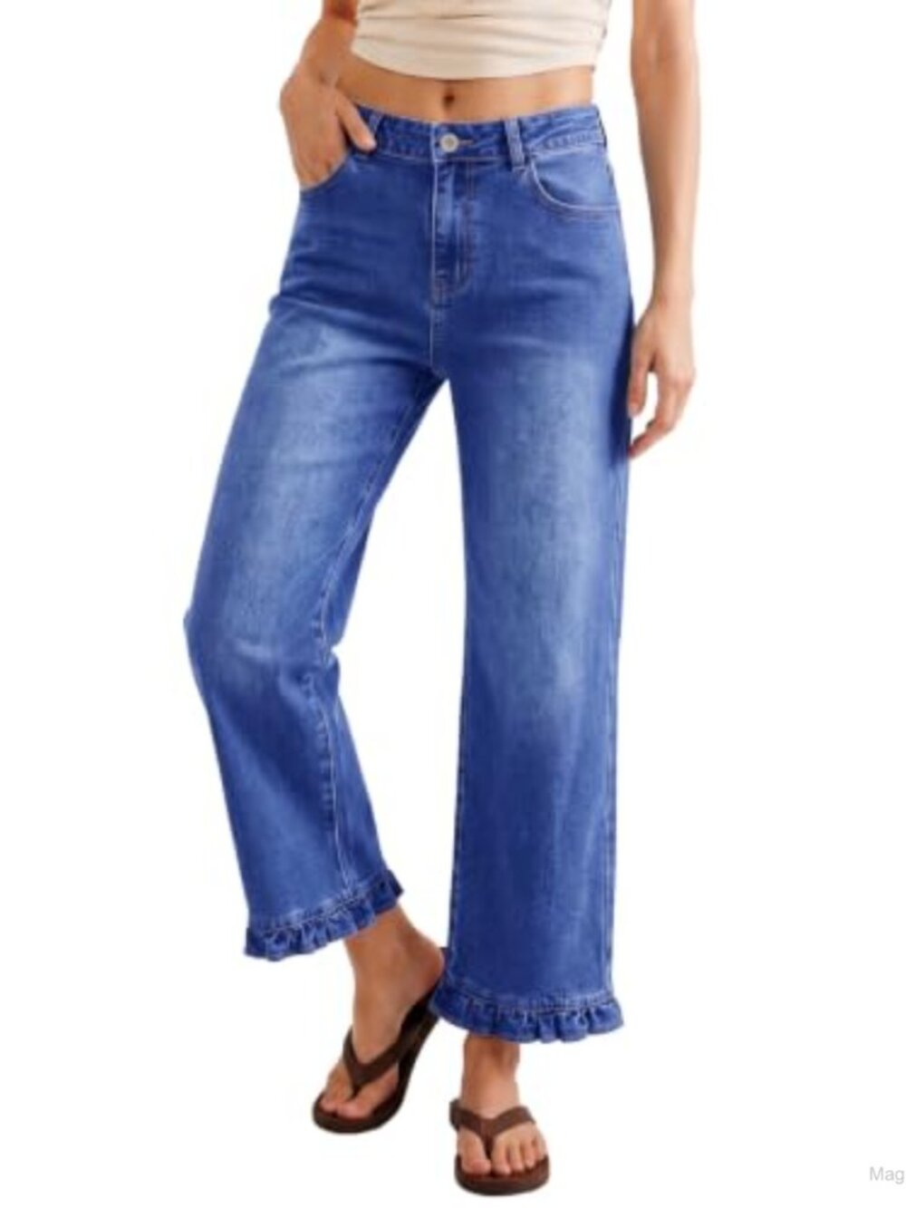 Women's High Waist Wide Leg Jeans Ruffle Hem Stretchy Denim Pants